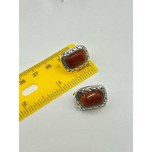 Vintage Goldstone & Sterling Silver Stud Earrings Pierced Retangular Studs - Picture 7 of 7